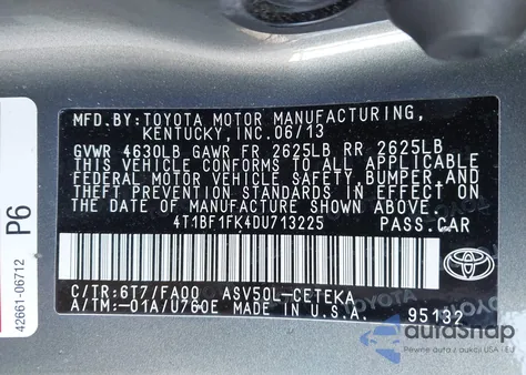 2013 Toyota Camry L from USA, damaged, VIN 4T1BF1FK4DU713225